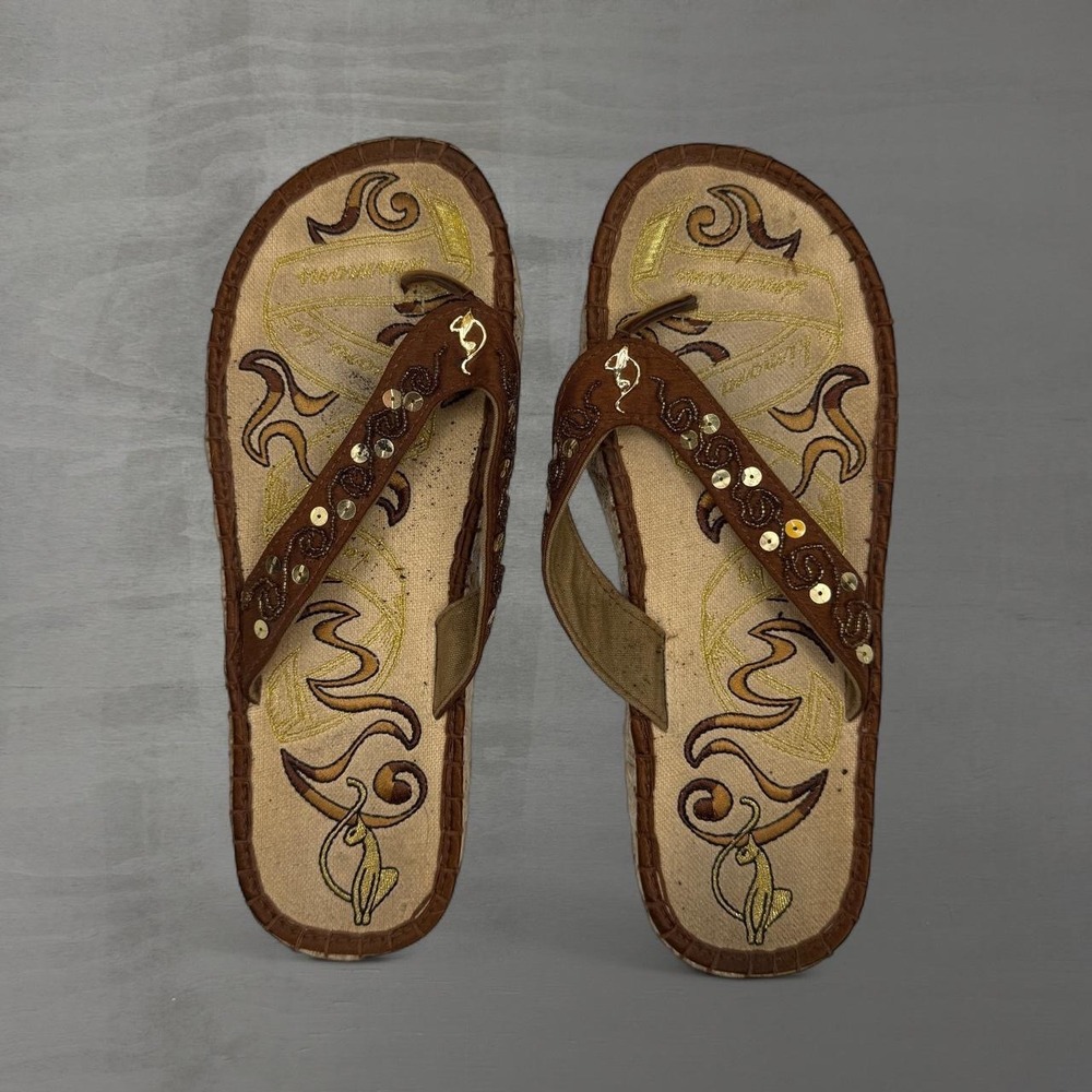 Baby Phat Flip Flops Y2K Brown Embroidered Sequin Espadrille Sandals 10